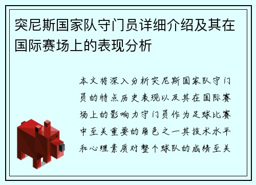 突尼斯国家队守门员详细介绍及其在国际赛场上的表现分析
