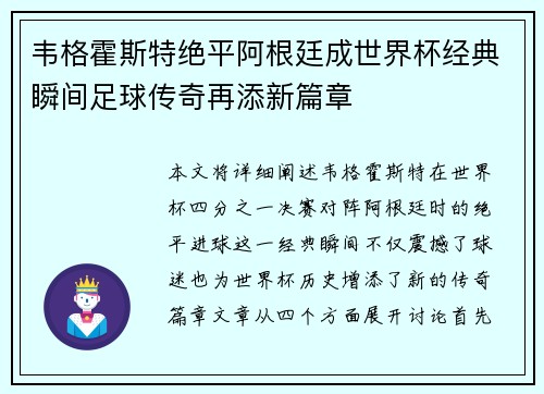 韦格霍斯特绝平阿根廷成世界杯经典瞬间足球传奇再添新篇章
