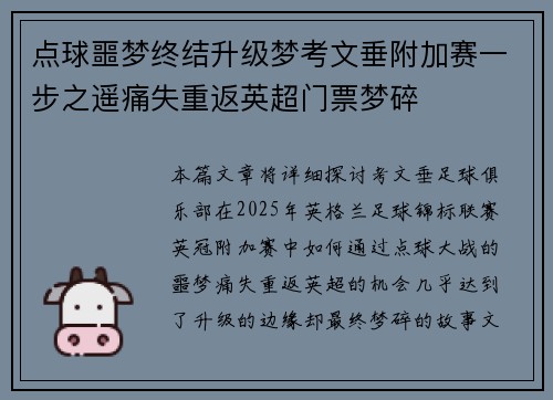 点球噩梦终结升级梦考文垂附加赛一步之遥痛失重返英超门票梦碎