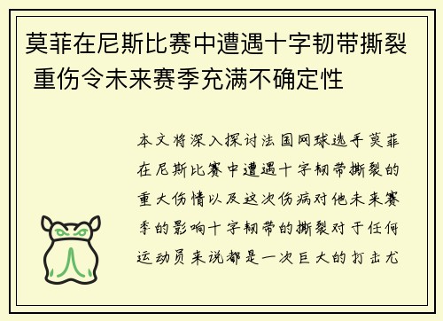 莫菲在尼斯比赛中遭遇十字韧带撕裂 重伤令未来赛季充满不确定性