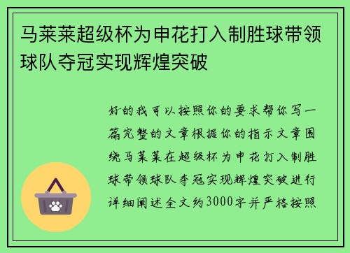 马莱莱超级杯为申花打入制胜球带领球队夺冠实现辉煌突破